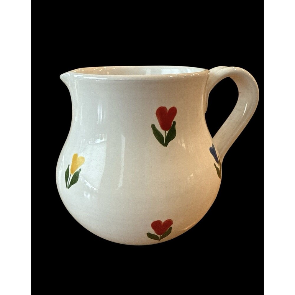 Hand Painted Made In Italy Tulip Flower Pitcher Creamer Vintage 6” White Glaze - Picture 5 of 6